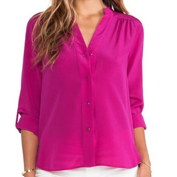 Diane Von Furstenburg Harlow Silk Blouse Top Size 12 Pink Roll Tab Button Down - Picture 16 of 16